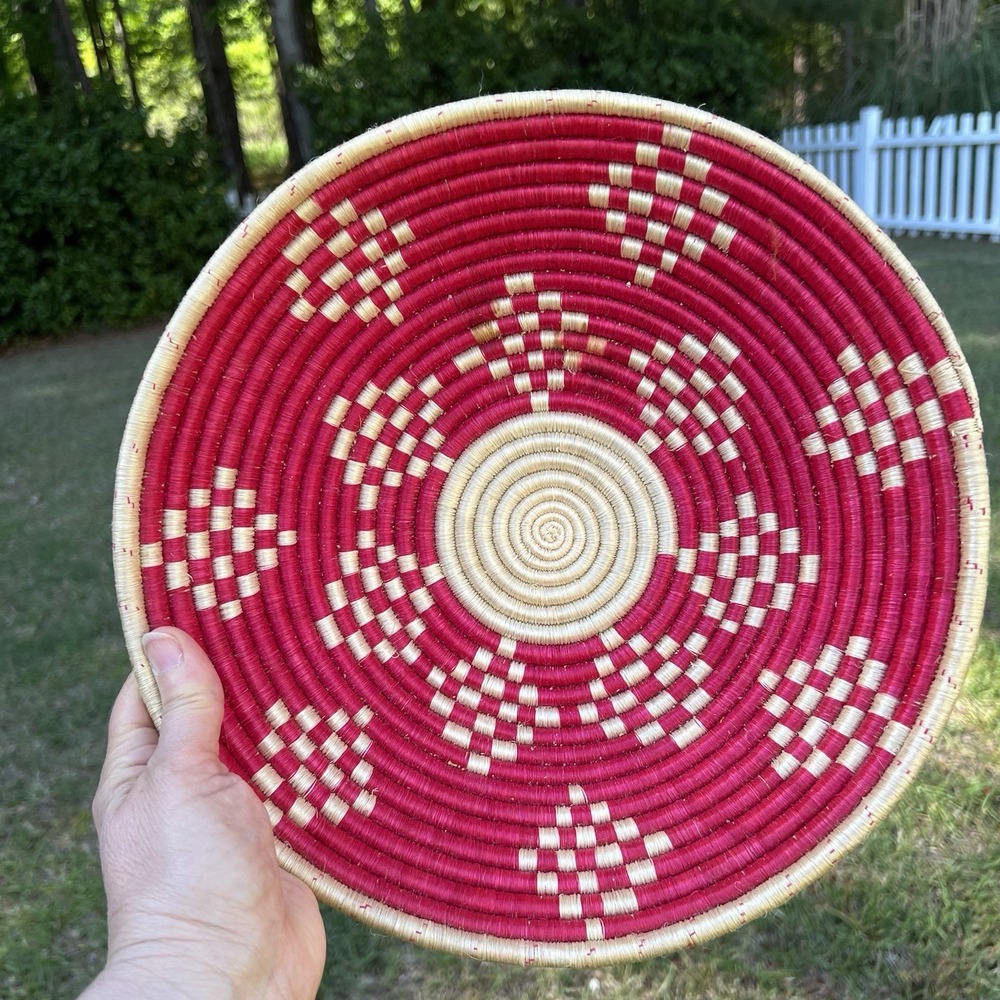 VTG Rwandan "Pink Swirl Plateau" or "Path to Peace" Sisal Coil Basket 11x3"